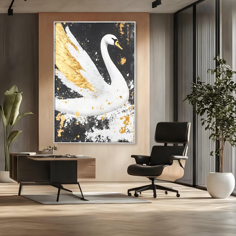 Tablou canvas cu tablou canvas cu lebada si auriu, in rama de aluminiu argintiu, pe perete intr-un birou